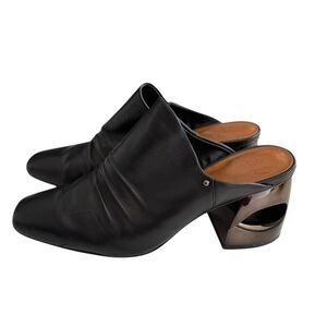 Halston Kelsey Black Leather Mules 10M |Sculpted Metallic Block Heel Slip-On